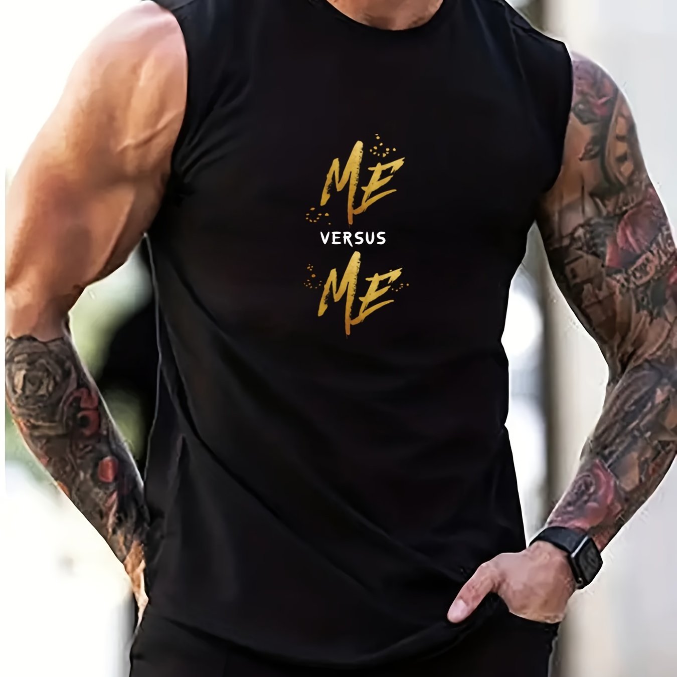 ME VERSUS ME' Round Neck Cotton Graphic Vest, Casual Sports Sleeveless Tank Tops, Men's Summer Clothing