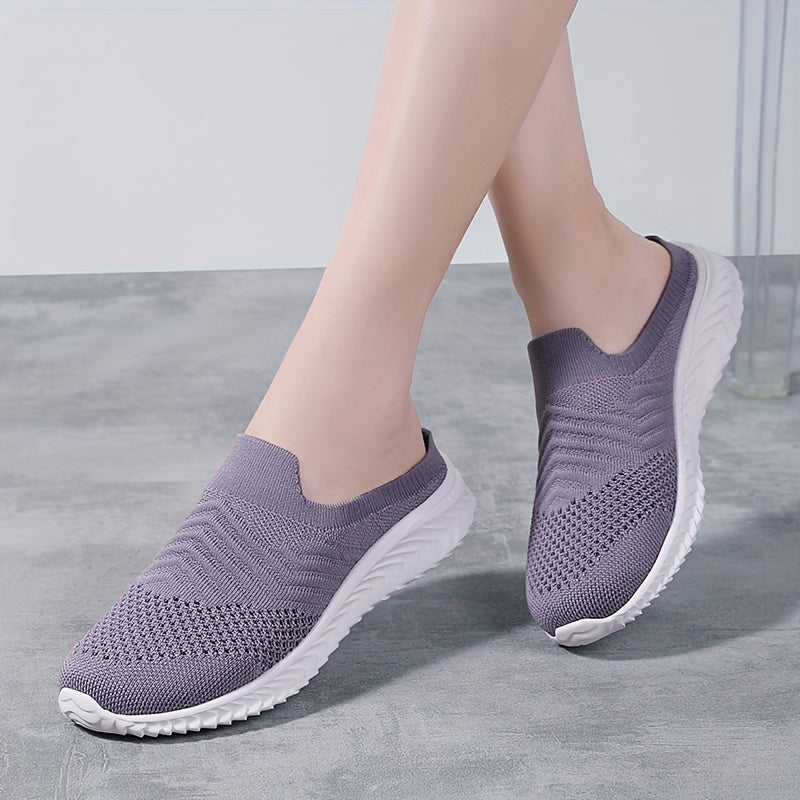 Women's Solid Color Knit Sneakers, Breathable Closed Toe Slip On Slippers, Casual Walking Mules