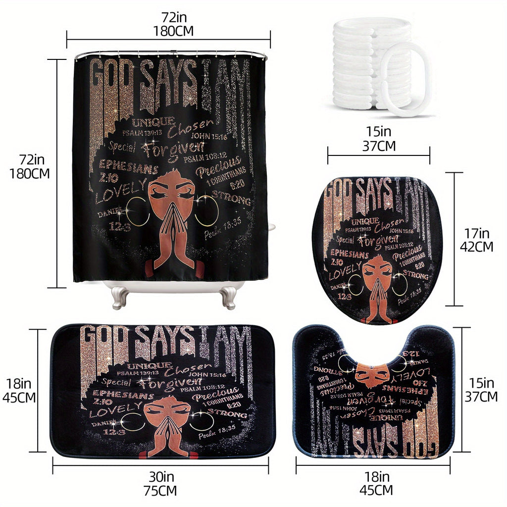 4pcs Sets Rugs Shower Curtain, Black Girl Pattern Shower Curtain With Hooks, Non-Slip Rug, Toilet U-Shape Mat, Toilet Lid Cover Pad