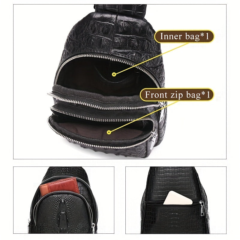 SCHLATUM Men and Women's Genuine Leather Crocodile Pattern Crossbody Bag - Large Capacity, Multifunctional for Travel, Sports & Camping