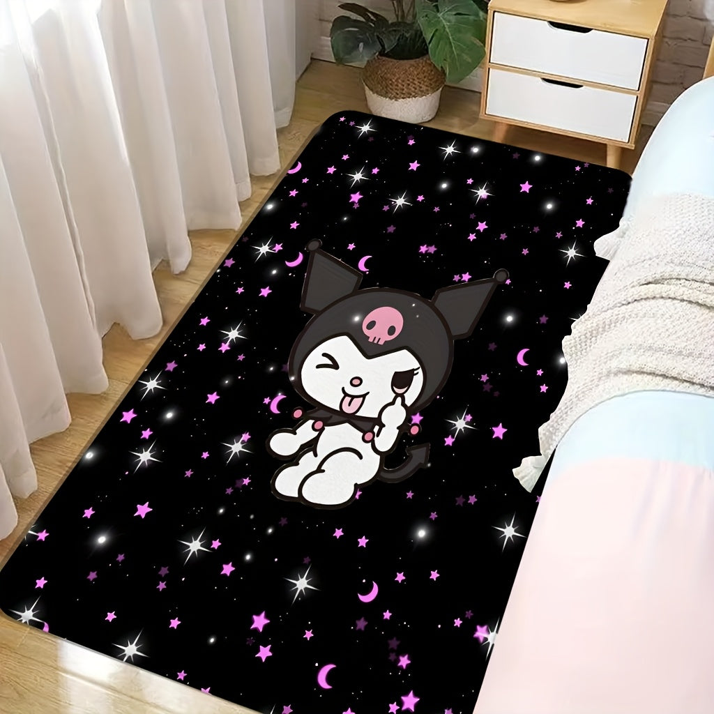 1pc Sanrio Hello Kitty KUROMI Flannel Area Mat - Soft, Washable, Non-Slip Cartoon Mat for Bedroom, Living Room, Indoor Use - Polyester Fiber, Rectangle, Christmas Holiday Decor, Rugs for Bedroom