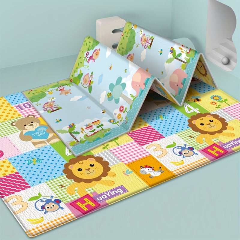 Double-Sided Foldable Kids Play Mat, Waterproof Non-Slip Crawling Rug with Cartoon Patterns, Indoor Educational Activity Surface Foam Floor Game Pad for Children's Room