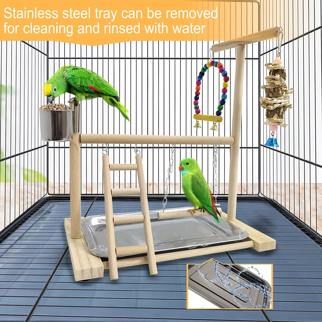 Parrot Play Stand with Swing and Chew Toys - Durable Wood, Ideal for Medium & Small Birds - Interactive Training Station for Lovebirds and Parakeets