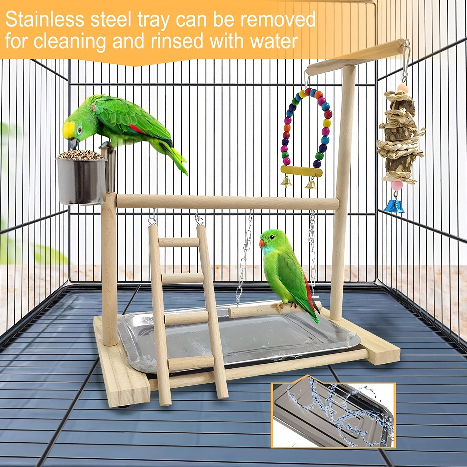 Parrot Play Stand with Swing and Chew Toys - Durable Wood, Ideal for Medium & Small Birds - Interactive Training Station for Lovebirds and Parakeets