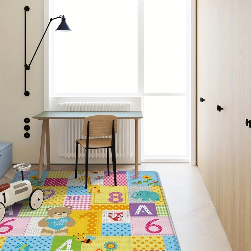 Double-Sided Foldable Kids Play Mat, Waterproof Non-Slip Crawling Rug with Cartoon Patterns, Indoor Educational Activity Surface Foam Floor Game Pad for Children's Room