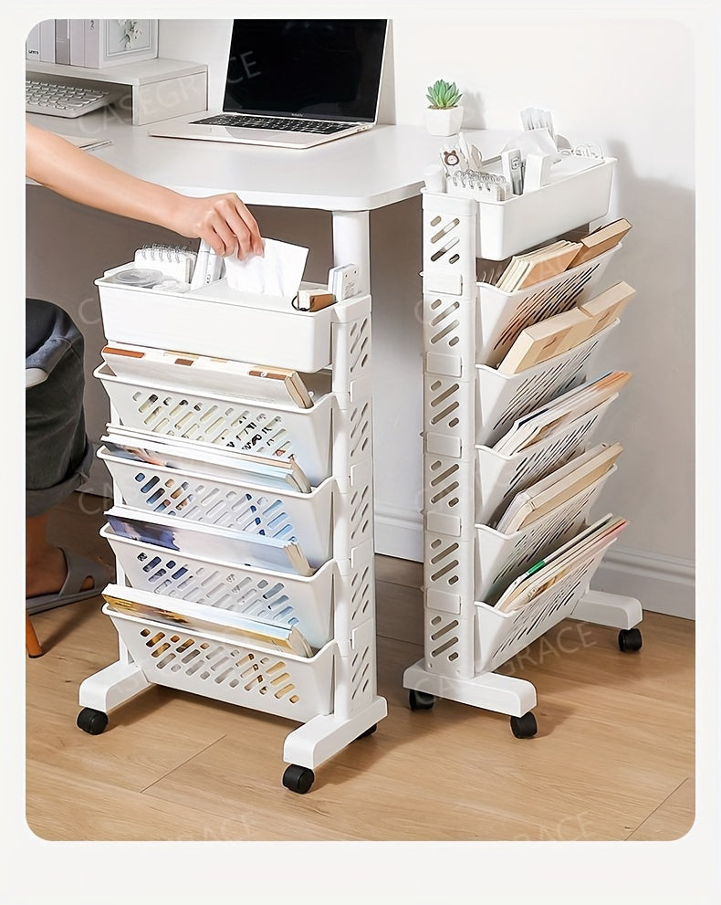 1pc Five-Level Movable Bookshelf, Desk Side Shelf, Floor Cart with Pen Holder for Office Study Supplies Storage and Document Storage