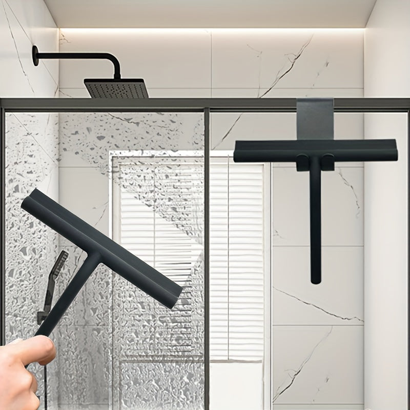 1pc Heavy-Duty Handheld Shower Squeegee - 8.27" Silicone Blade for Streak-Free Cleaning, Ideal for Windows, Glass Doors & Car Windshields, with Convenient Suction Hook, Durable & Non-Slip, Black
