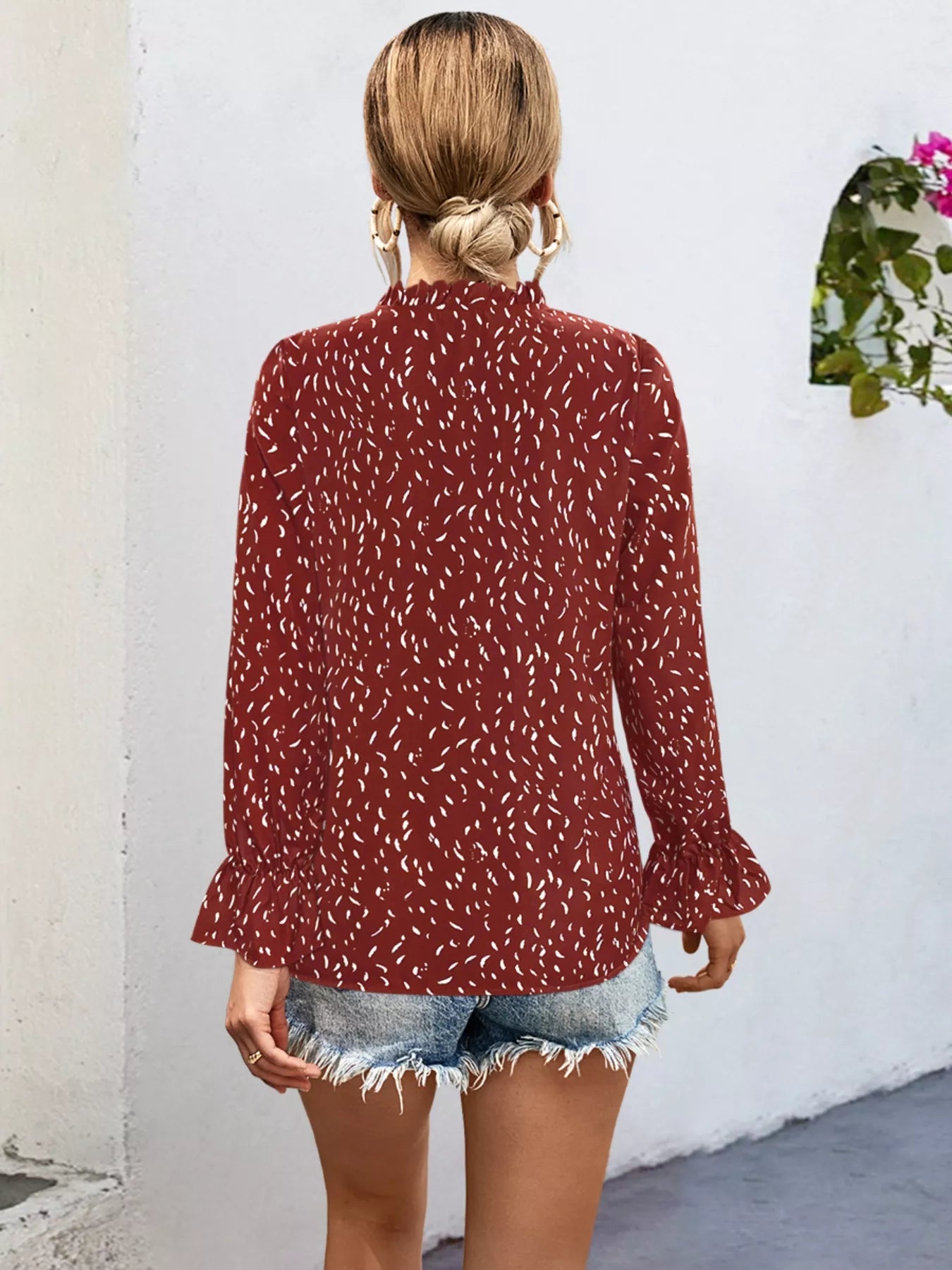 Ruffled Printed Tie Neck Long Sleeve Blouse