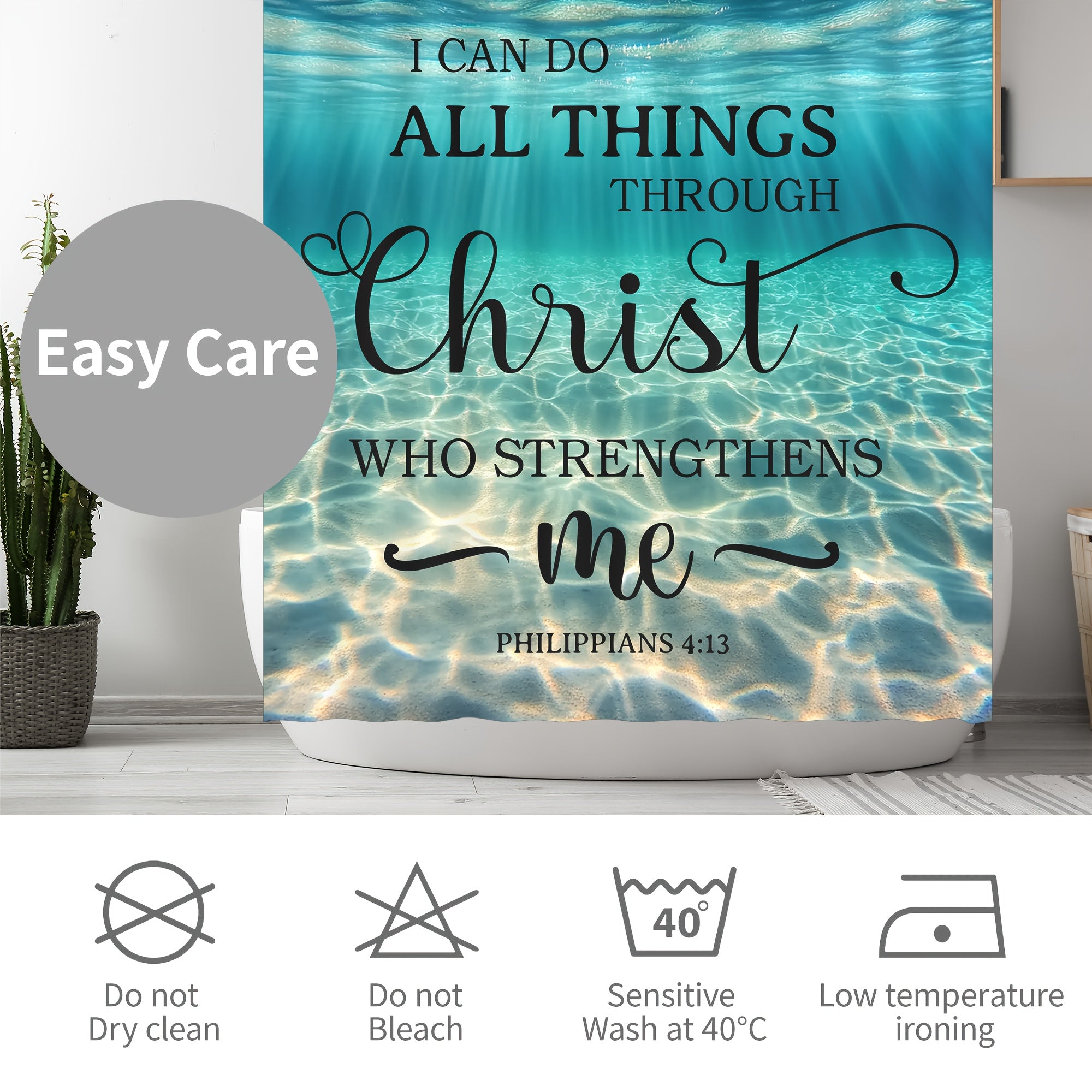 4pcs/1pc Beach Ocean Bible Verse Shower Curtain Set, Blue Ocean Seaside Decor with Inspirational Scripture Quotes, Summer Coastal Seascape Fabric, High Quality Polyester Bathroom Set with 12 Hooks, Non-Slip Rugs, Toilet Lid C