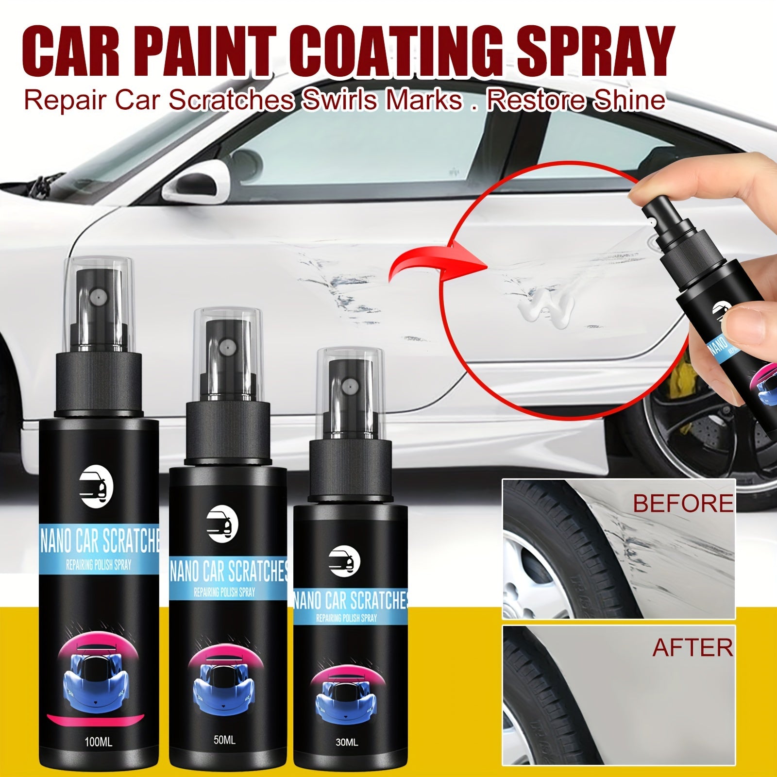 Auto Scratch Repair Spray, 2023 New 3 In 1 Auto Scratch Remover For Deep Scratches, Automotive Nano Spray Coating, Auto Paint Scratch Remover Body