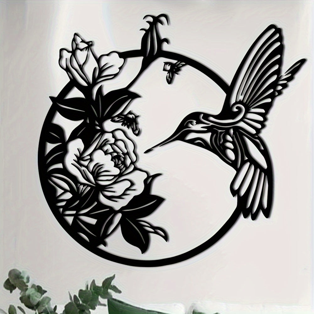 1pc Exquisite Hummingbird Metal Art Deco Wall Decoration - 3D Rustic Black Circular Bird & Floral Design with Intricate Details - Ideal Indoor Outdoor Garden Home Decor Accent