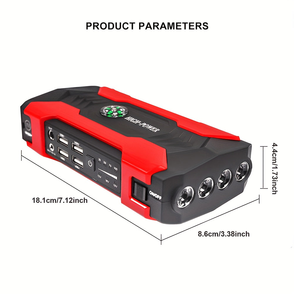 Portable 12V Car Jump Starter - LED Flashlight Emergency Power Battery Booster for Automotive, Motorcycle, Trucks, SUV - Compact, Rechargeable, Multi-Functional, and Safe