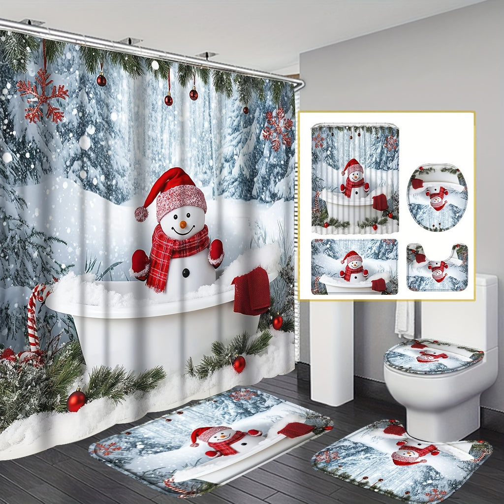 4pcs Christmas Shower Shower Curtain - Waterproof Curtain Set With Non-Slip Rugs, Toilet U-Shape Mat, Toilet Seat Cover, Machine Washable Bathroom Decoration Curtain Set With 12 Hook, Christmas Theme Bathroom Accessories