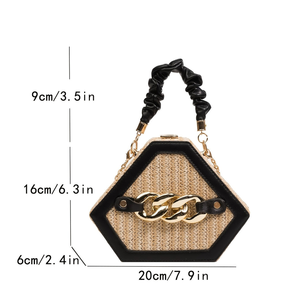 Trendy Chain Handbag, Fashion Top Handle Straw Box Bag, Women's Vacation Style Purse