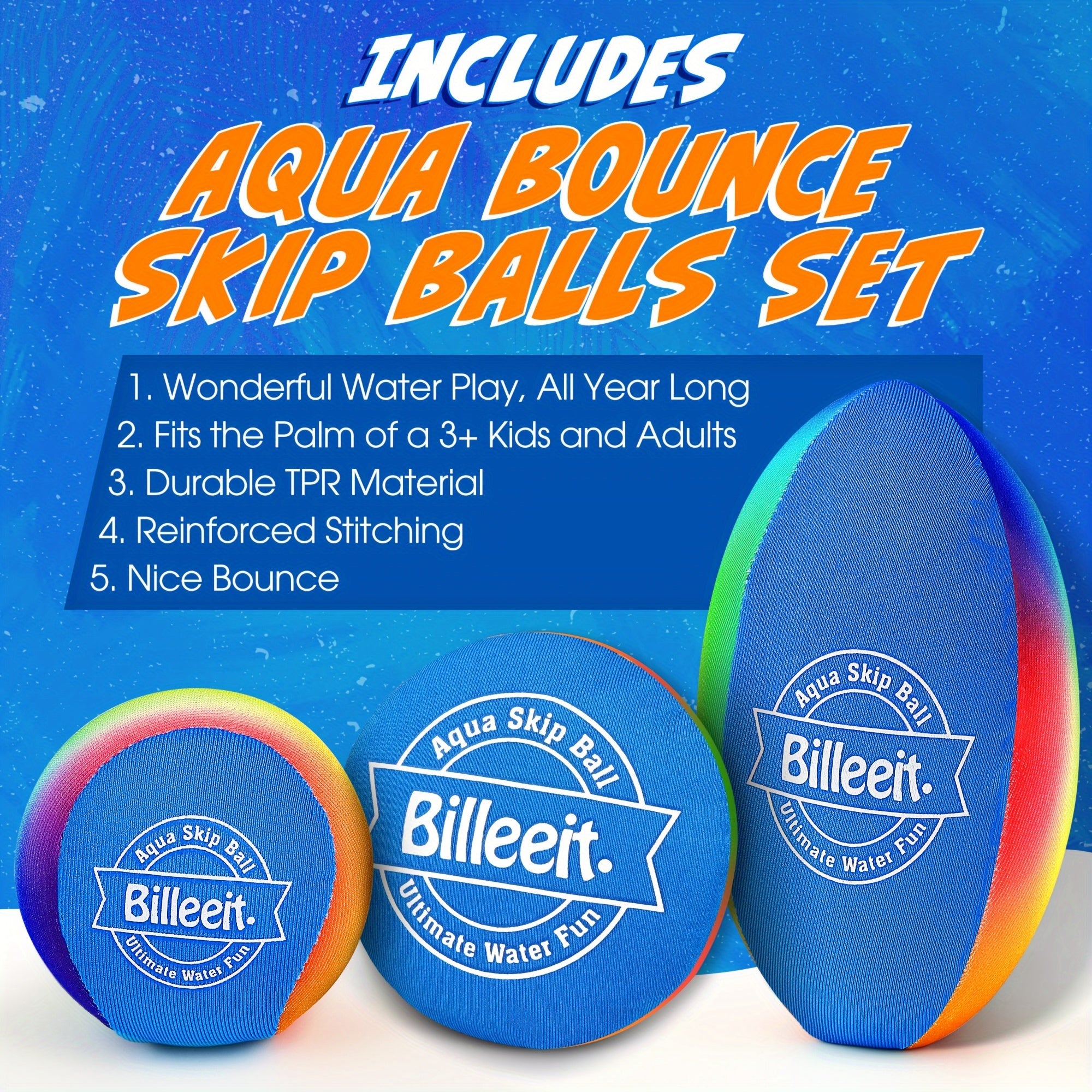 Billeeit Water Skipping Balls Set for Pool Play, Include 1 Rugby, 2 Balls and 2 Discs, Rainbow Color Splash Water Bouncing Balls, Fun Beach Toys & Games, Summer Gift for Kids 3+ 4-8-12 and Adults