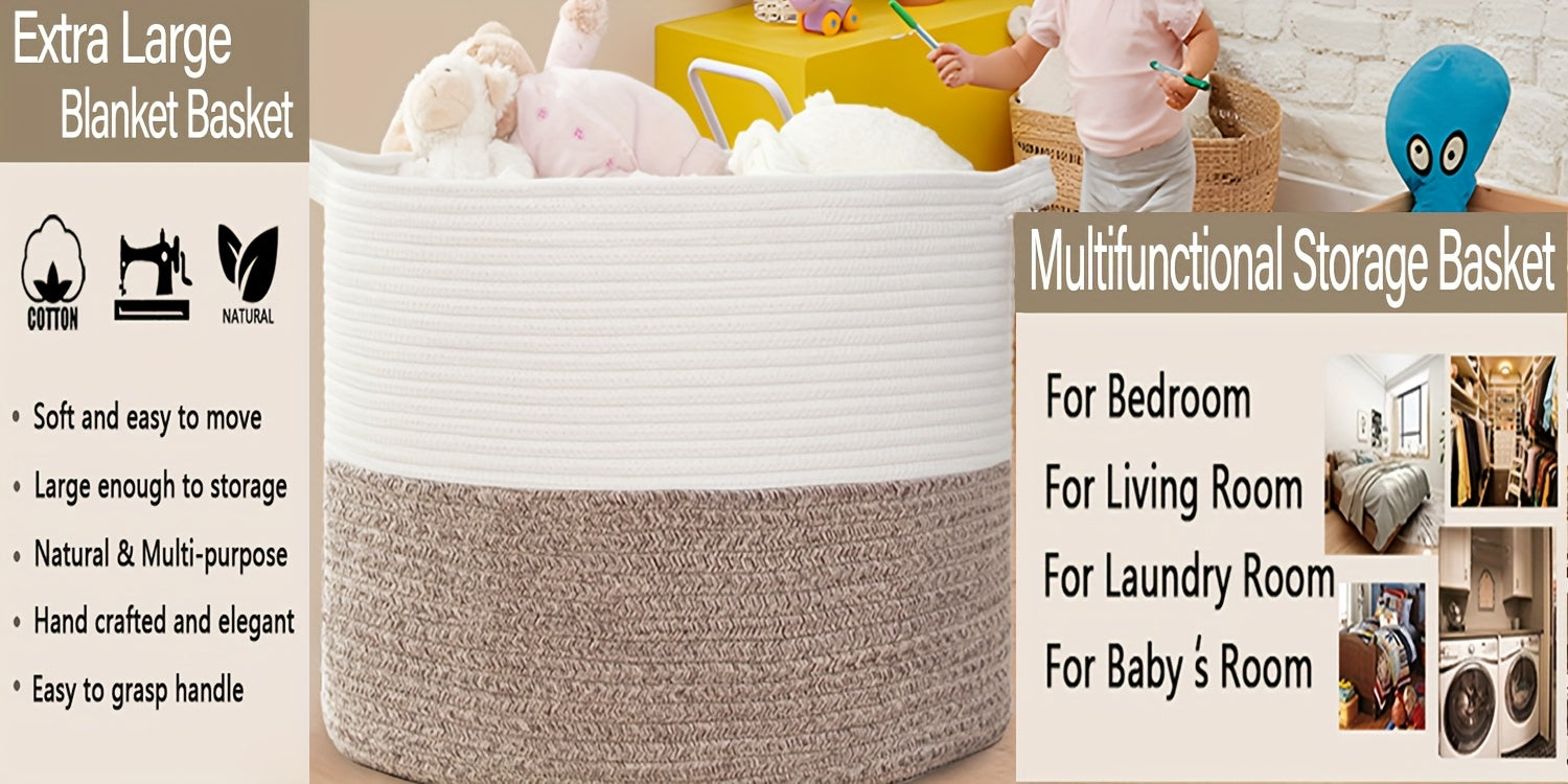 XXL Large Cotton Rope Storage Basket – Foldable Multi-Purpose Organizer for Laundry, Toys, Blankets, and Youngsters Games, Striped Design for Family Gatherings or Home Organization, Laundry Basket