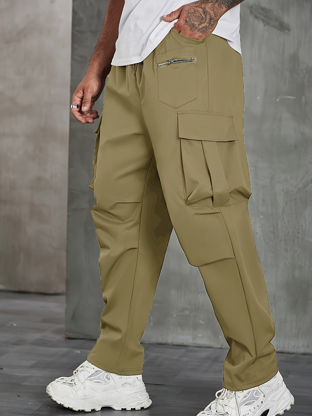 Plus Size Men's Solid Cargo Pants For Spring Fall, Outdoor Sports Pants For Males