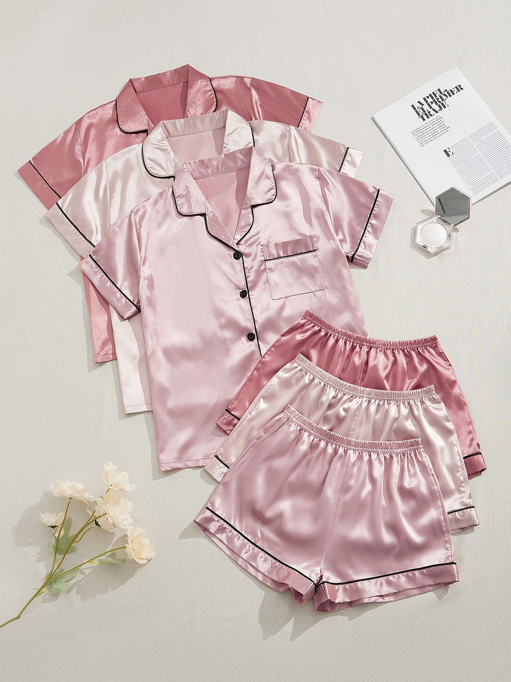 3 Sets Satin Pajama Set, Short Sleeve Lapel Top & Elastic Waistband Shorts, Women's Sleepwear & Loungewear