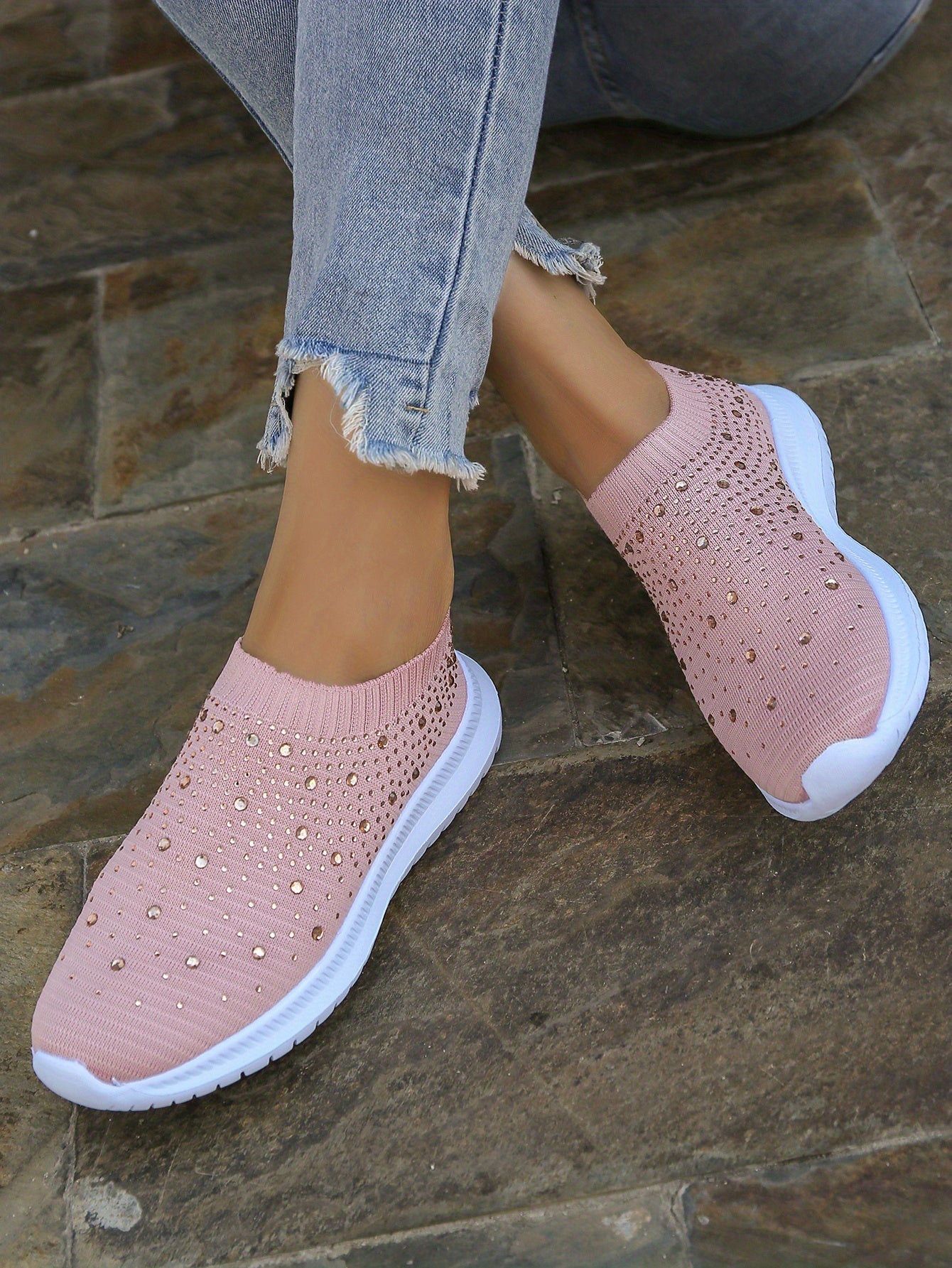 Women's Rhinestone Decor Slip-on Sneakers, Fly Woven Sports Shoes, Breathable Low Top Walking Shoes For Music Festival