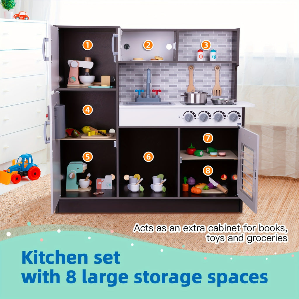 Kids Kitchen Playset, Wooden Chef Play Kitchen For Toddler With Sink, Oven, Range Hood, Stove, Ice Maker And Microwave, Prefect Kitchen Toys For Toddlers As Present