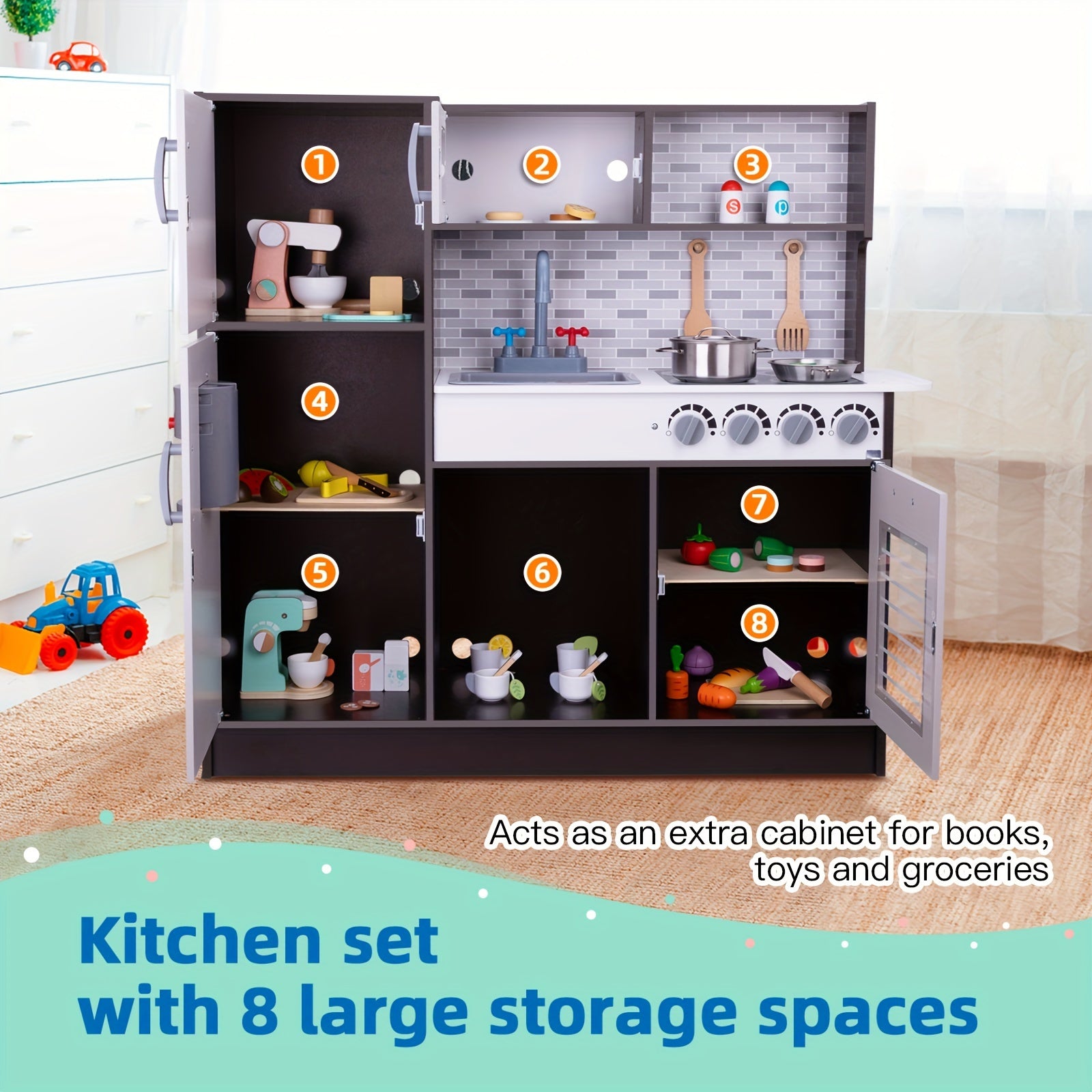 Kids Kitchen Playset, Wooden Chef Play Kitchen For Toddler With Sink, Oven, Range Hood, Stove, Ice Maker And Microwave, Prefect Kitchen Toys For Toddlers As Present