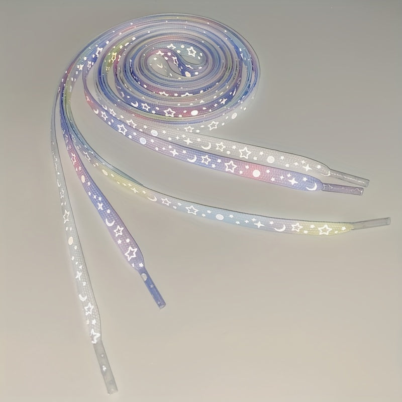 1 Pair Dazzling Holographic Reflective Star Moon Shoelaces - Double-Sided Luminous, AdjustableNighttime Running, Cycling,