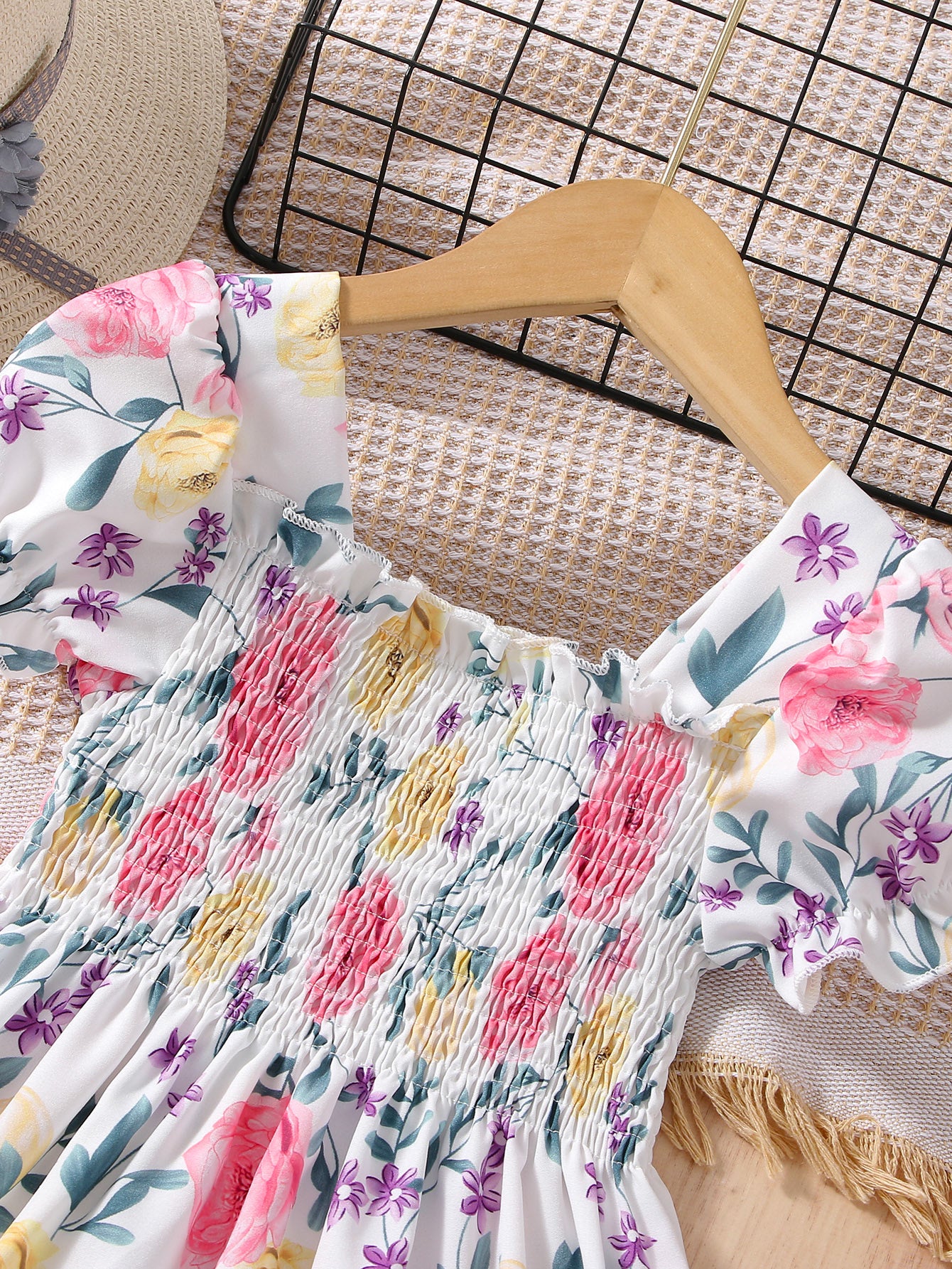 Girls Puff Sleeve Floral Shirred Ruffled Hem Party Dress Kids Summer Clothes