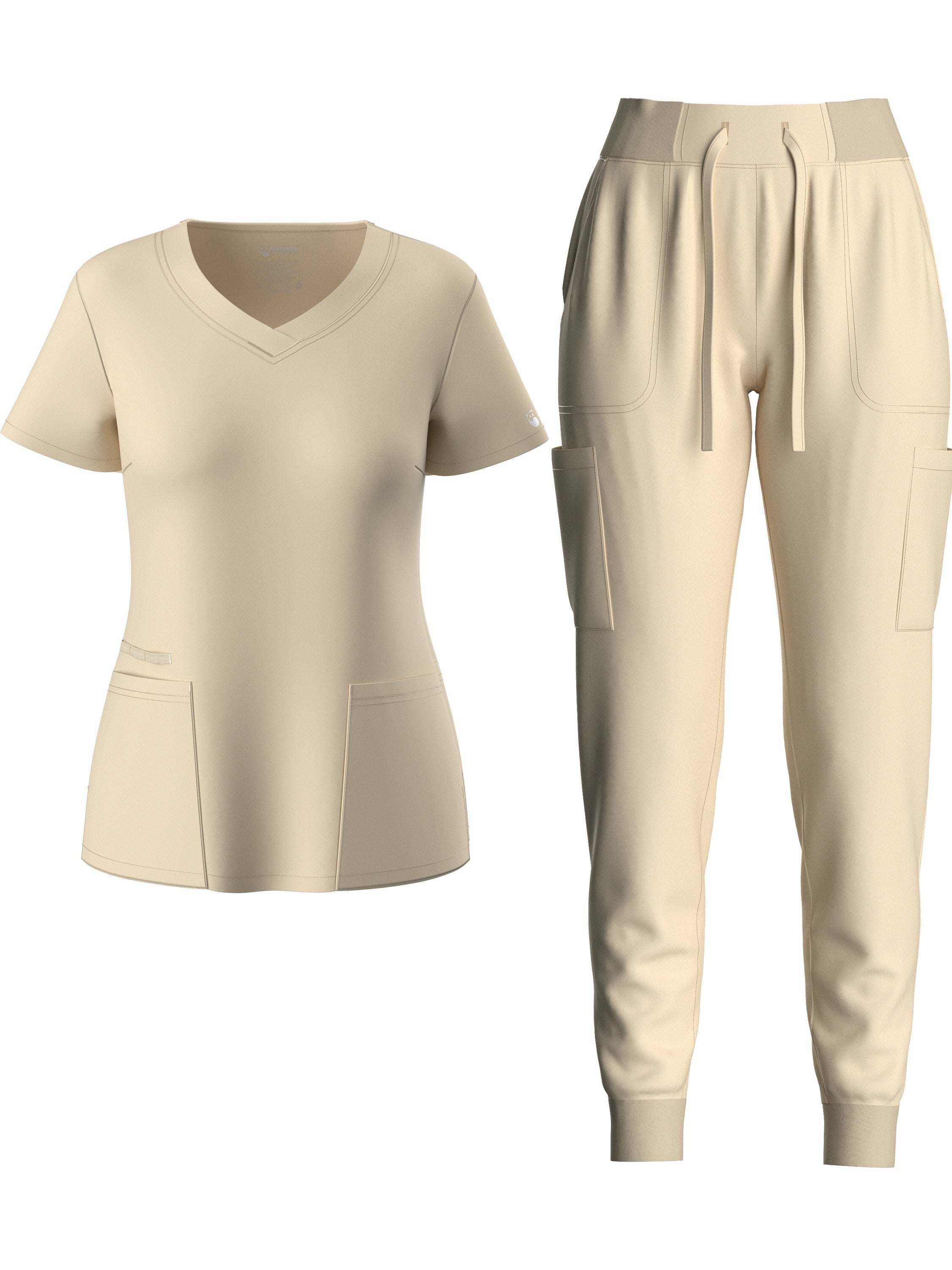 two-piece Elegant Two-Piece Scrub Set for Women: Short Sleeve V Neck Top & Drawstring Pants