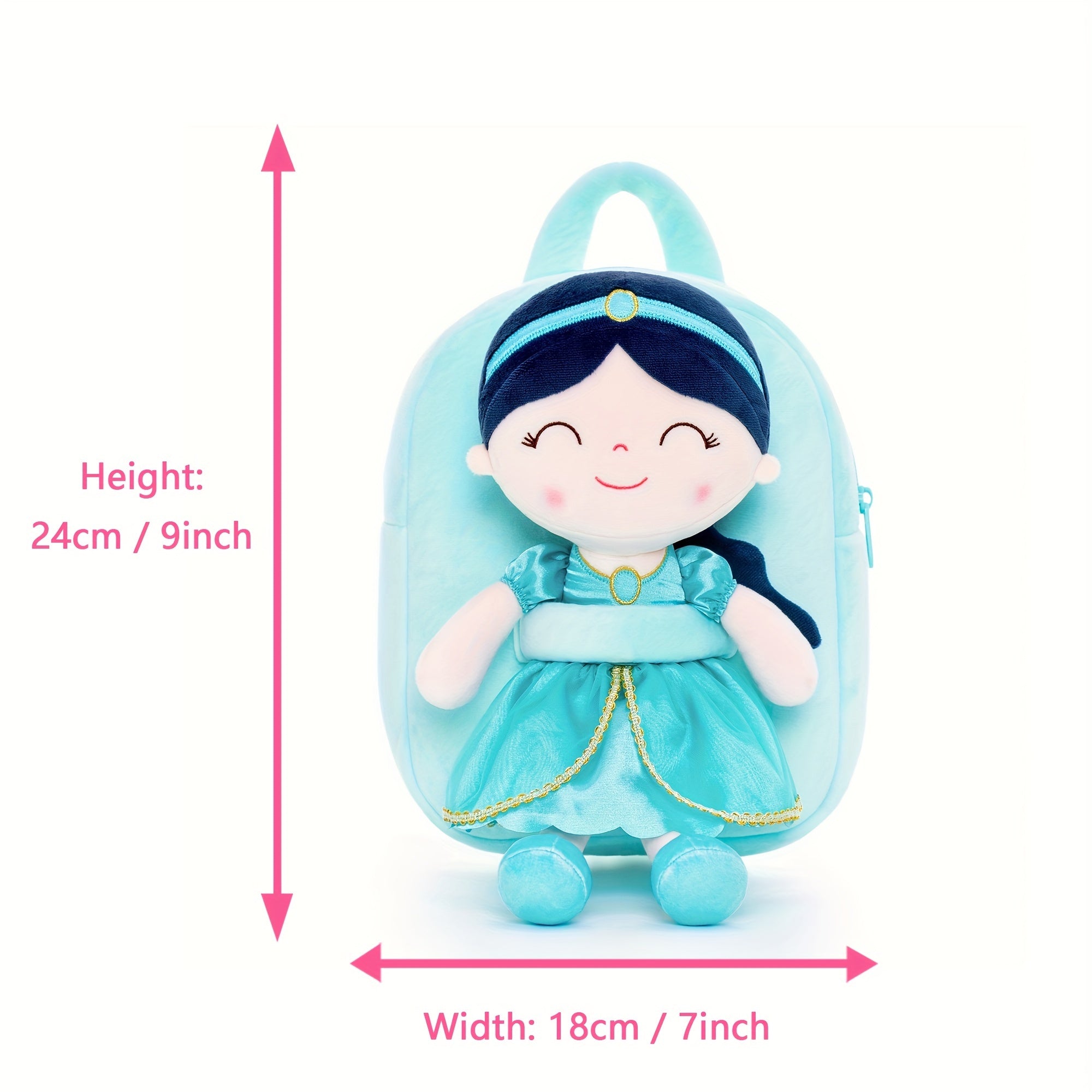 Gloveleya Toddler Backpack for Girls Kids Backpacks Soft Girl Toys Plush Baby Girl Gifts with Plush Princess Jasmins Doll Aqua 9 inches