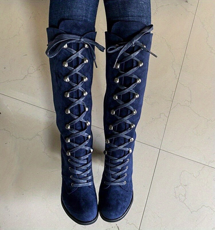 Women's Heeled Knee High Boots, Solid Color Lace Up Chunky Heeled Boots, Versatile Comfy Long Boots