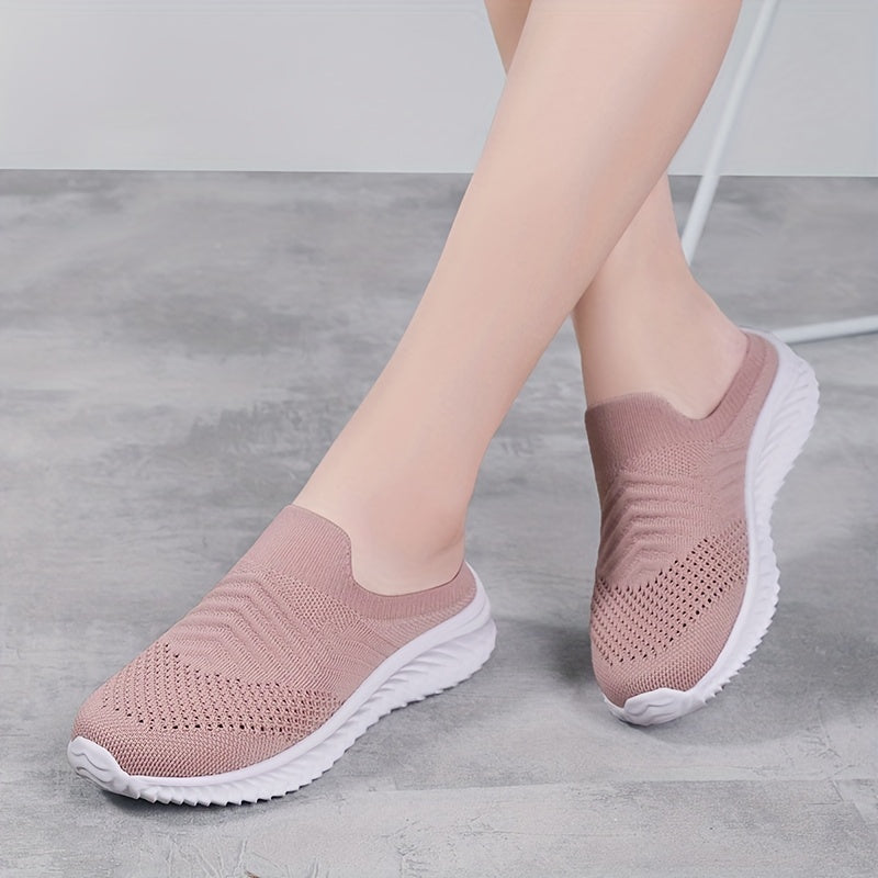 Women's Solid Color Knit Sneakers, Breathable Closed Toe Slip On Slippers, Casual Walking Mules