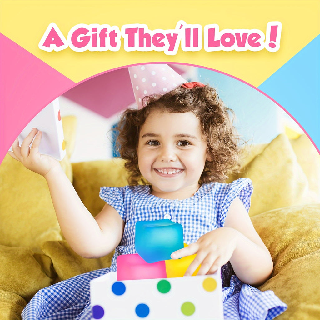 3 Pack Stress Squishy Cube - Sensory Fidget Toy For Adults And Kids, Anxiety Relief Toys With Filling In Pink Blue Green, Squishy Ice Funny Fidget Stress Balls Calming Toys For Autism & ADHD Children