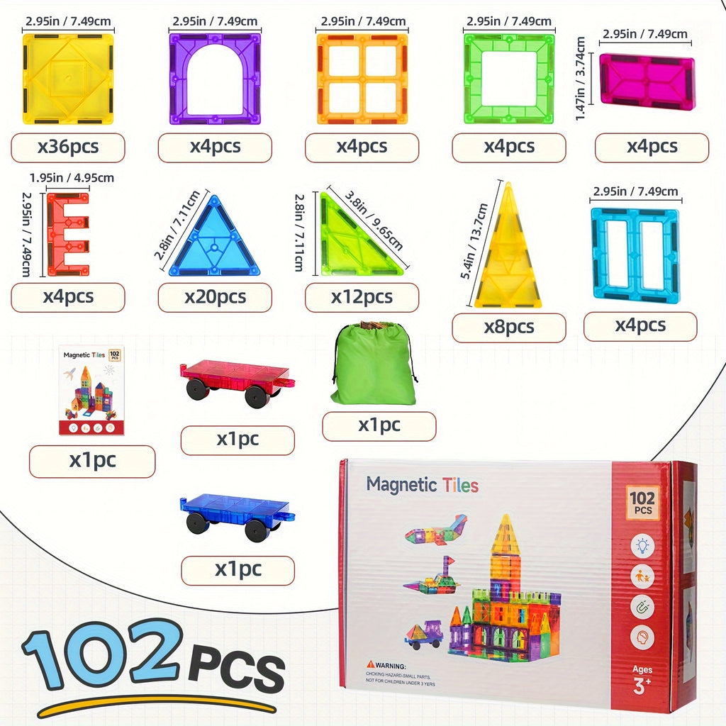 102PCS Magnetic Building Blocks, Magnetic Tiles 3D Kids Toys Sets, Building Construction Educational STEM Toys for 3+ Year Old Boys and Girls Christmas Birthday Gifts
