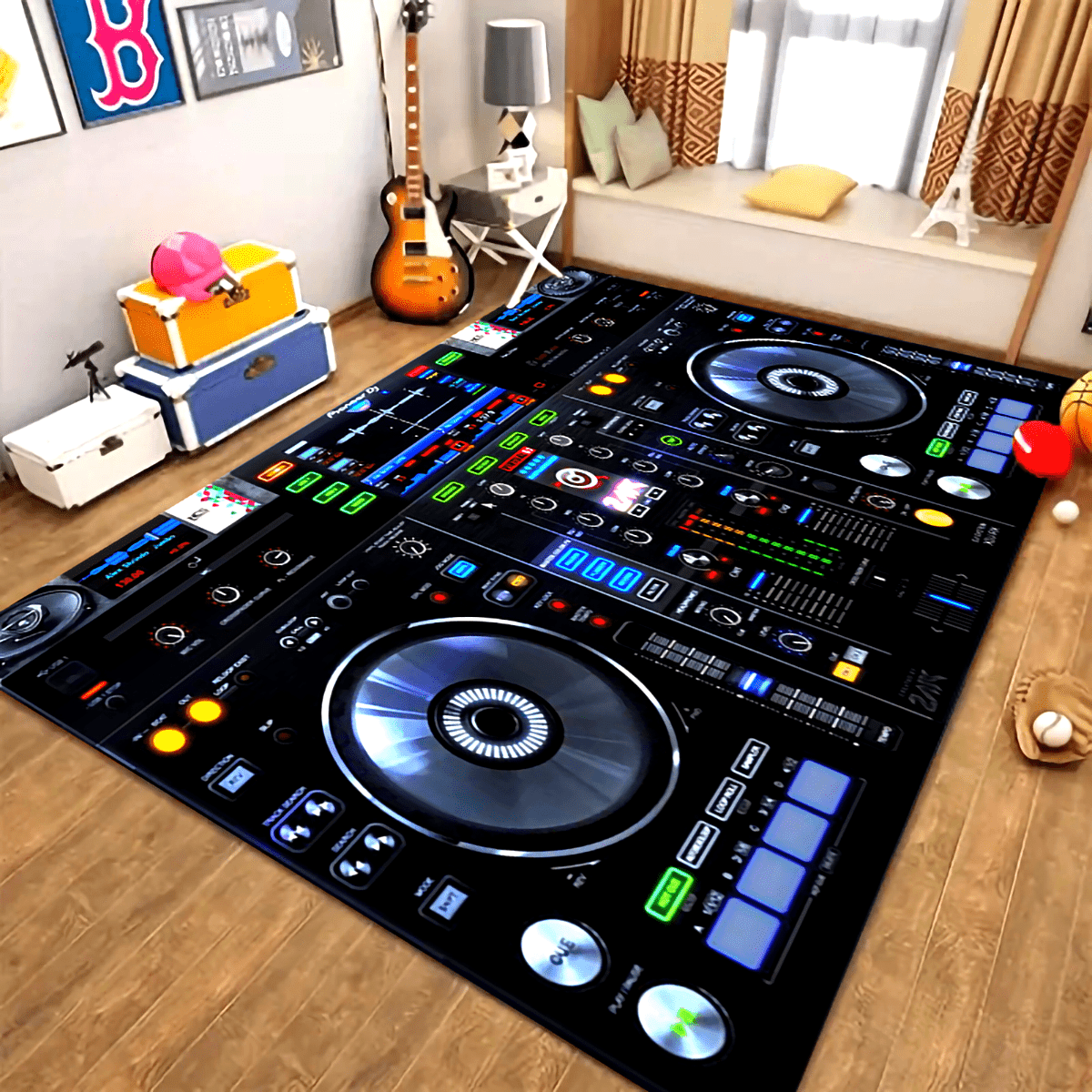 Vibrant DJ-Themed Washable Area Mat - Music-Inspired Design with Turntables & Lights, Durable Polyester Mat for Bedroom, Living Room, or Playroom Decor, Perfect for Halloween, Christmas, Easter, Father'S Day, and Mother'S Day