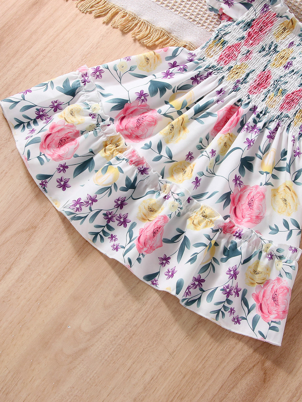 Girls Puff Sleeve Floral Shirred Ruffled Hem Party Dress Kids Summer Clothes
