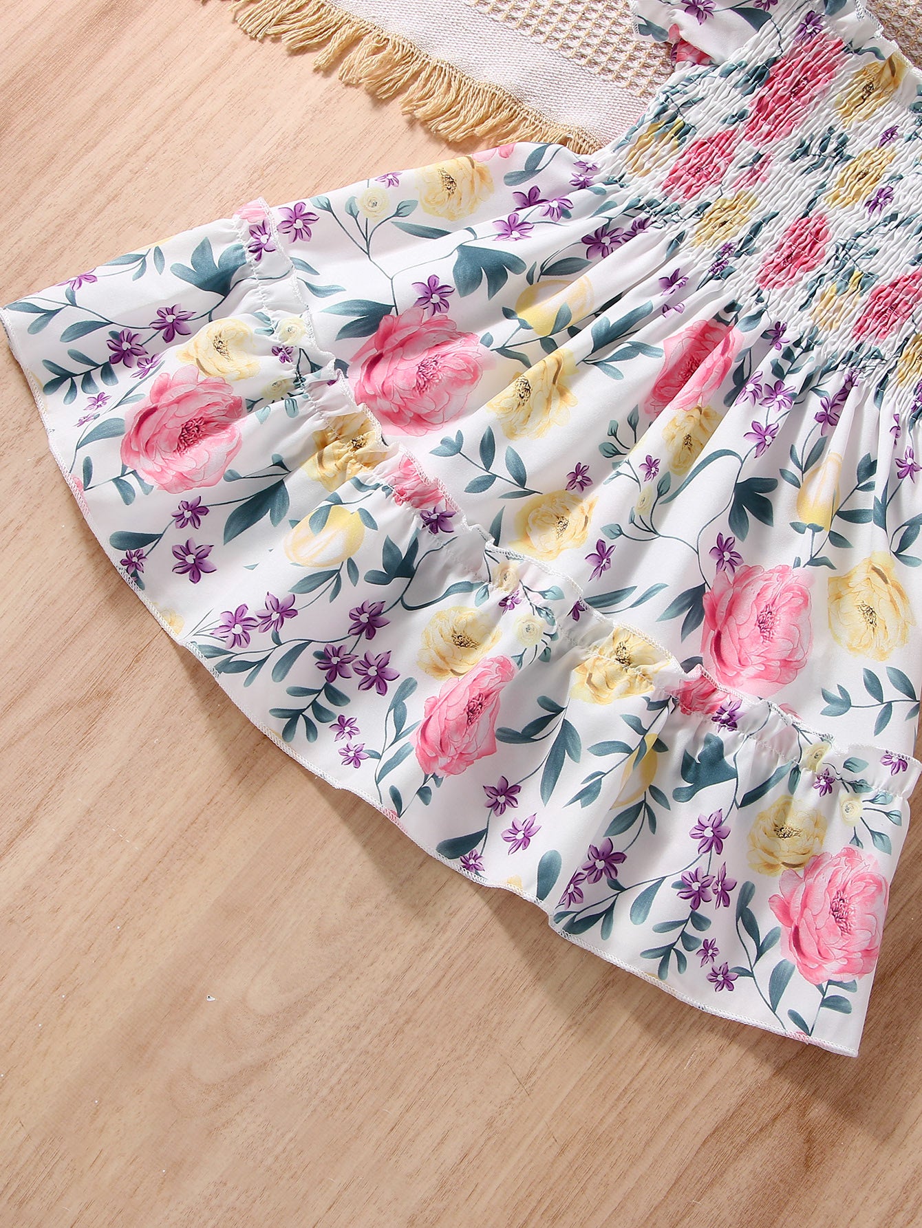 Girls Puff Sleeve Floral Shirred Ruffled Hem Party Dress Kids Summer Clothes