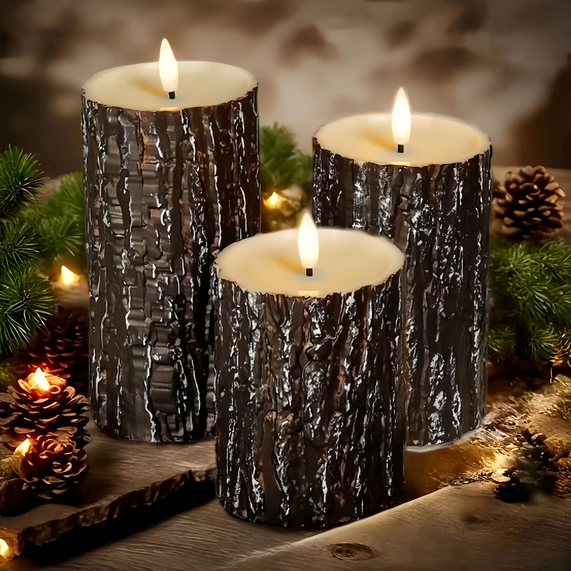 3pcs Rustic Wooden Flameless Candle Set - Artificial Tree Design, Battery Operated, Festive Tabletop Decor for Wedding, Easter, Mother'S Day, Fireplace Mantel, No Battery Included, Seasonal Celebration Decor | Natural Wood Fi