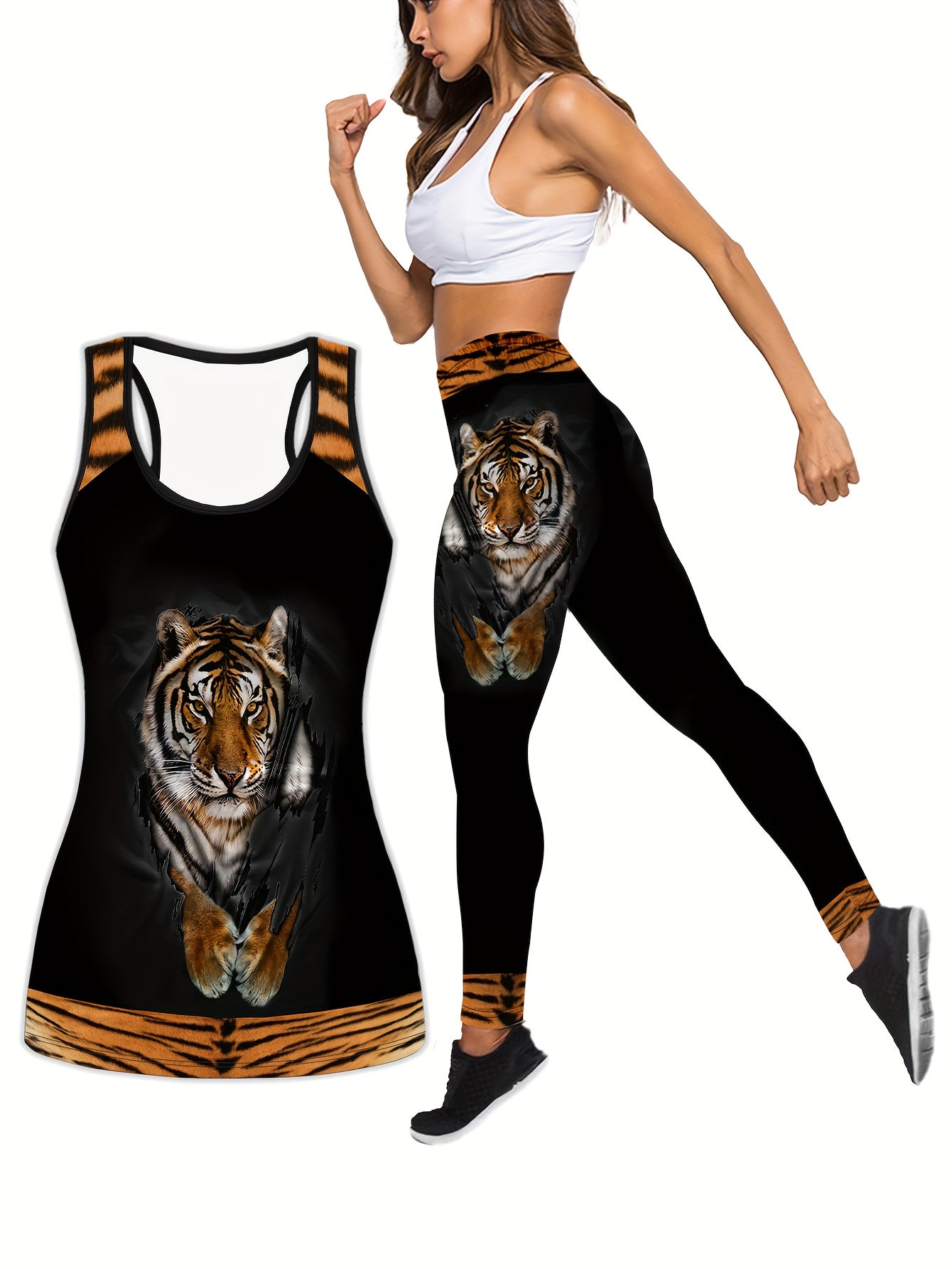 Plus Size Sports Outfits Set, Women's Plus 3D Tiger Print Racer Back Slight Stretch Tank Top & Leggings Yoga Running Outfits Two Piece Set