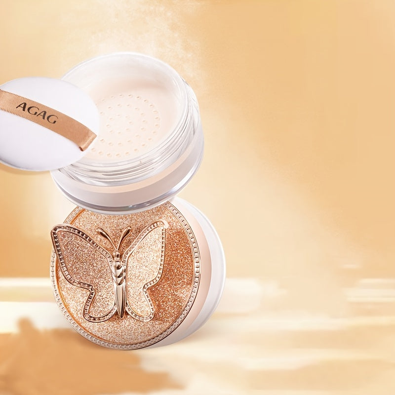 AGAG Butterfly-Themed Loose Powder - Lightweight, Oil-Control, Waterproof & Sweatproof Concealer - Invisible Pore Minimizing, Natural Finish for All Skin Types - Sparkling Rose Golden Container