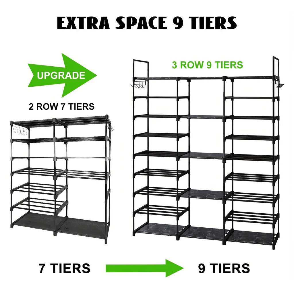 1 pc 9-tier shoe rack organizer (51" L x 10.6" W x 61.2" H), black, 50-55 pairs, stackable metal rack with entry hook, bedroom closet shoe rack