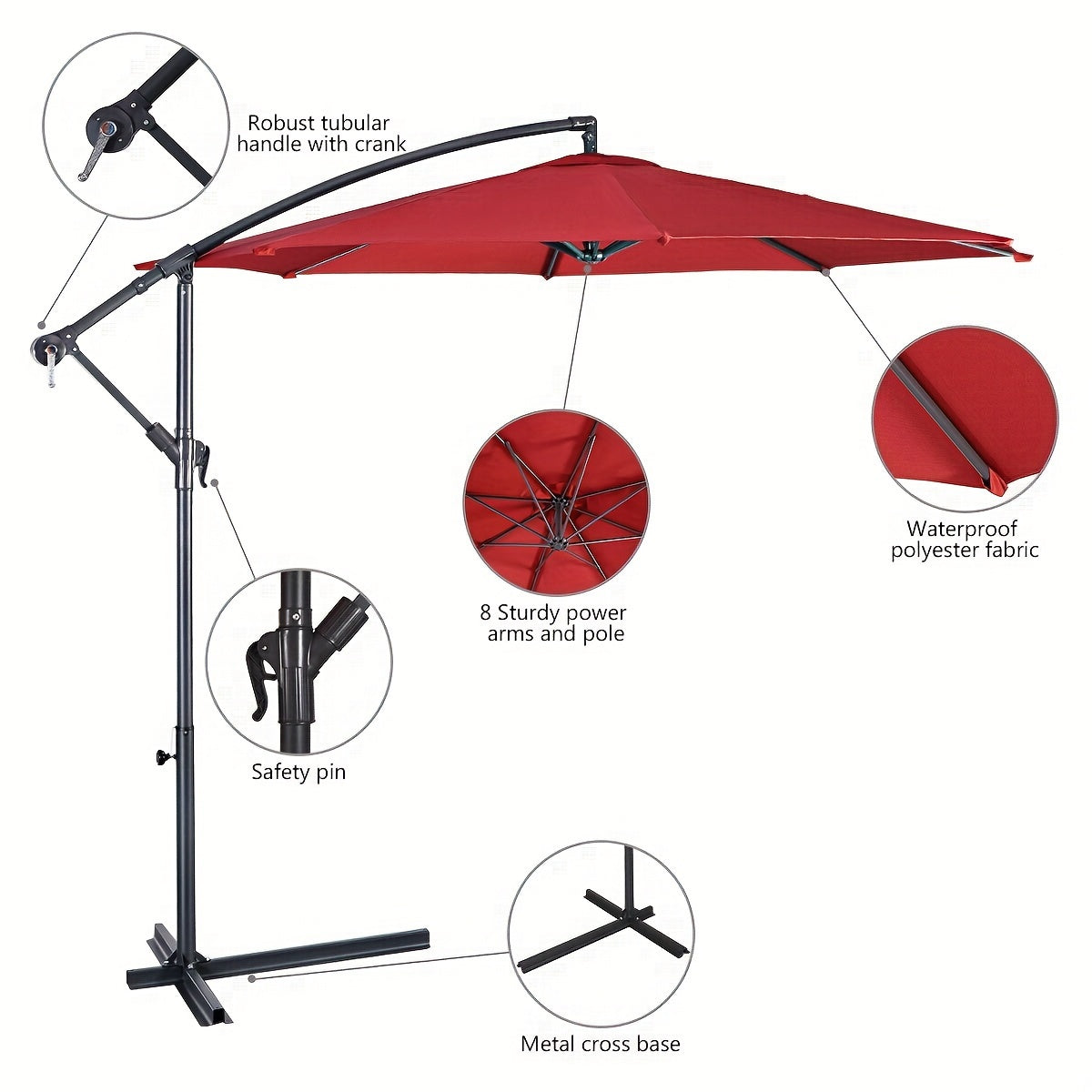 1pc 10ft Classic Burgundy Hanging Umbrella - Water-Resistant, UV Protection, Offset Patio Sun Shade with Sturdy Cross Base - Perfect for Outdoor Market, Garden, or Backyard Events
