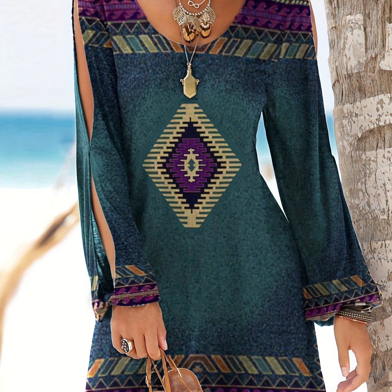 Aztec Print Ethnic Split Sleeve Dress, Boho Vintage V Neck Mini Dress, Women's Clothing