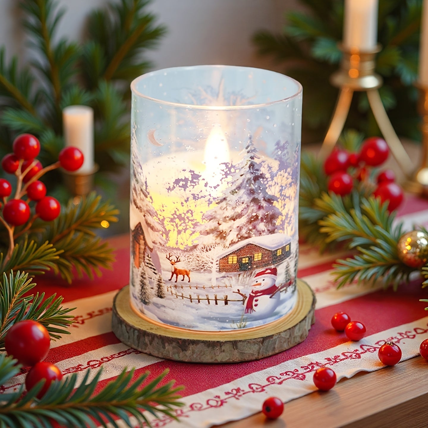 3pcs Flameless Led Pillar Candles With Christmas Snow Scene Design, Flickering Warm Light, Battery Operated Decorative Candles With Snowman Patterns, Perfect For Christmas Decoration, Table Centerpiece, Home Decor, Gift Idea,
