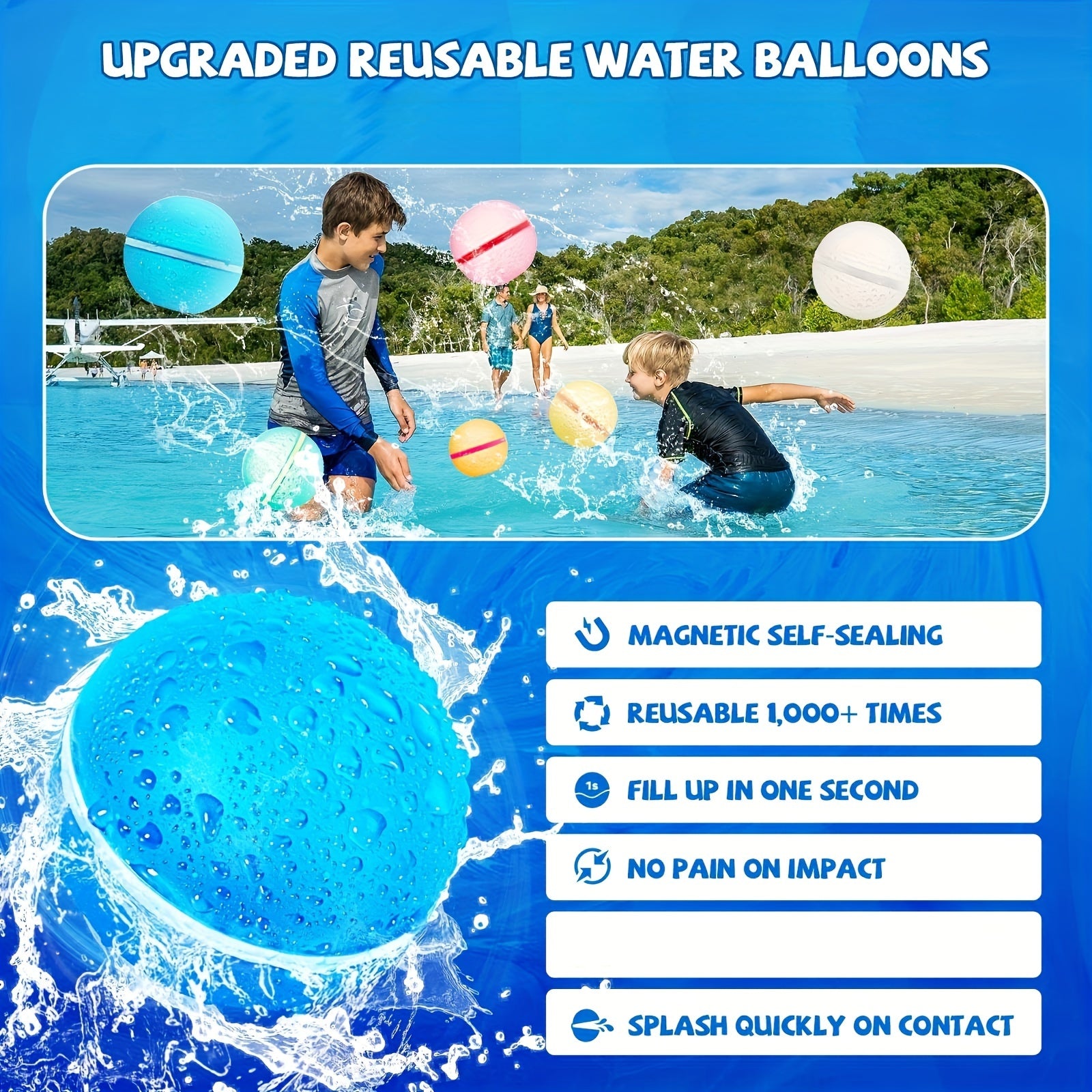 Reusable Water Balloons for Kids Outdoor Activities, Refillable Water Balloons Quick Fill with Magnetic, Latex-free Kids Pool Beach Water Toys, Summer Toy Self Sealing Water Balloons for Fun