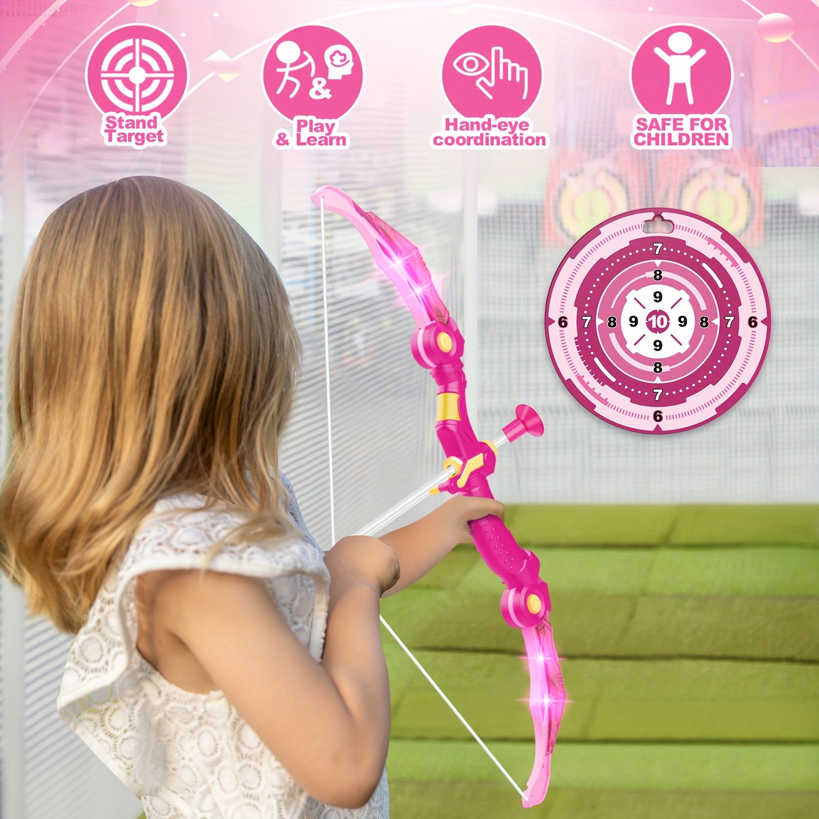 Bow And Arrow Toys With LED Flash Lights For Girls 5 6 7 8 9 10 Year Old, Archery Set Indoor Outdoor Activity With 10 Suction Cup Arrows, Quiver & Target, Birthday For Girls