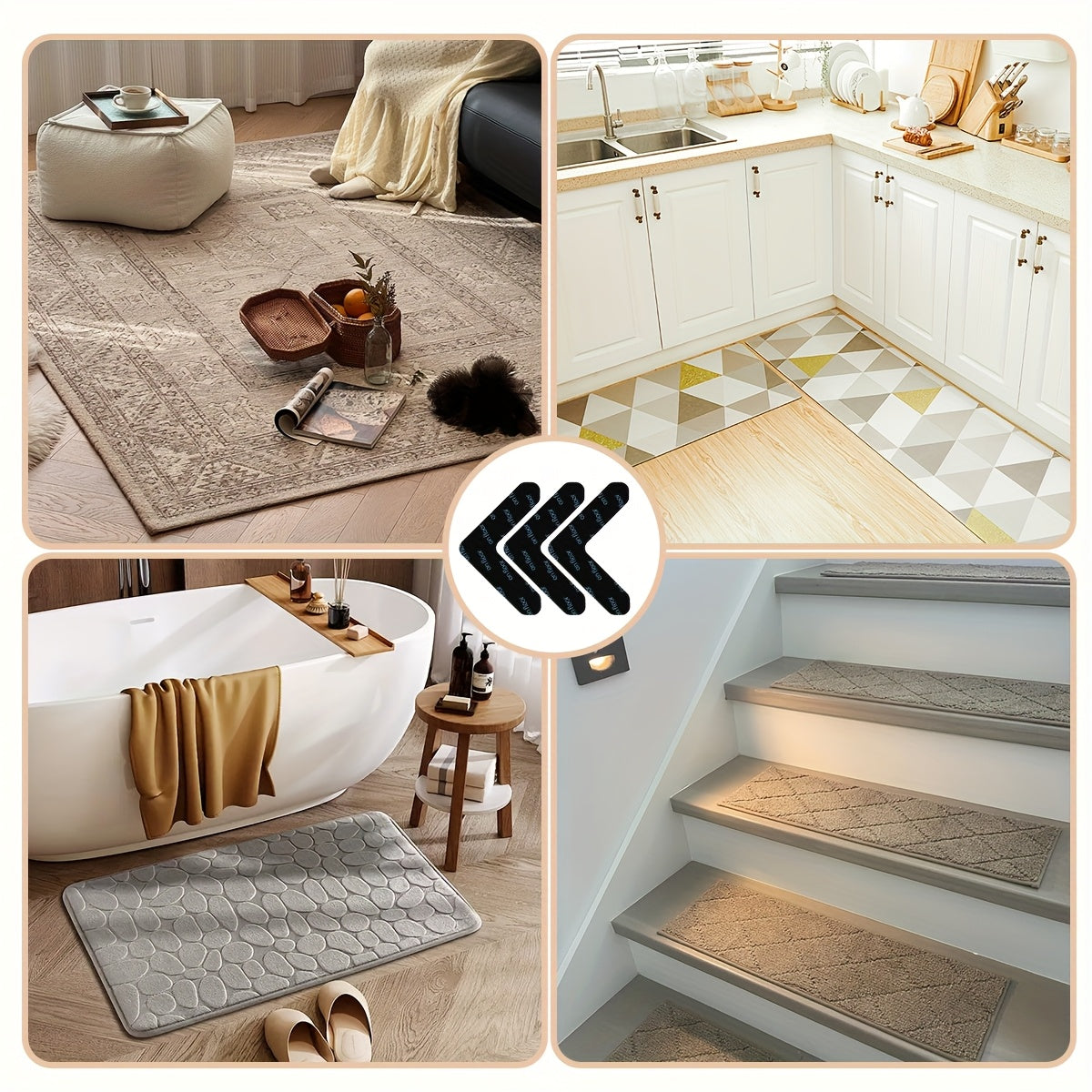 Rug Tape Hardwood Floor No Damage, Reusable Washable Grippers for Rugs, Carpet Tape for Area Rugs, Non-Slip Area Keeps Your Rug in Place and Makes Corners Flat for Corners