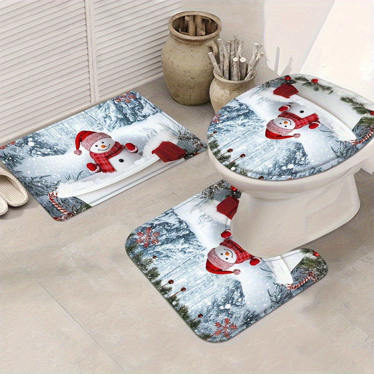 4pcs Christmas Shower Shower Curtain - Waterproof Curtain Set With Non-Slip Rugs, Toilet U-Shape Mat, Toilet Seat Cover, Machine Washable Bathroom Decoration Curtain Set With 12 Hook, Christmas Theme Bathroom Accessories