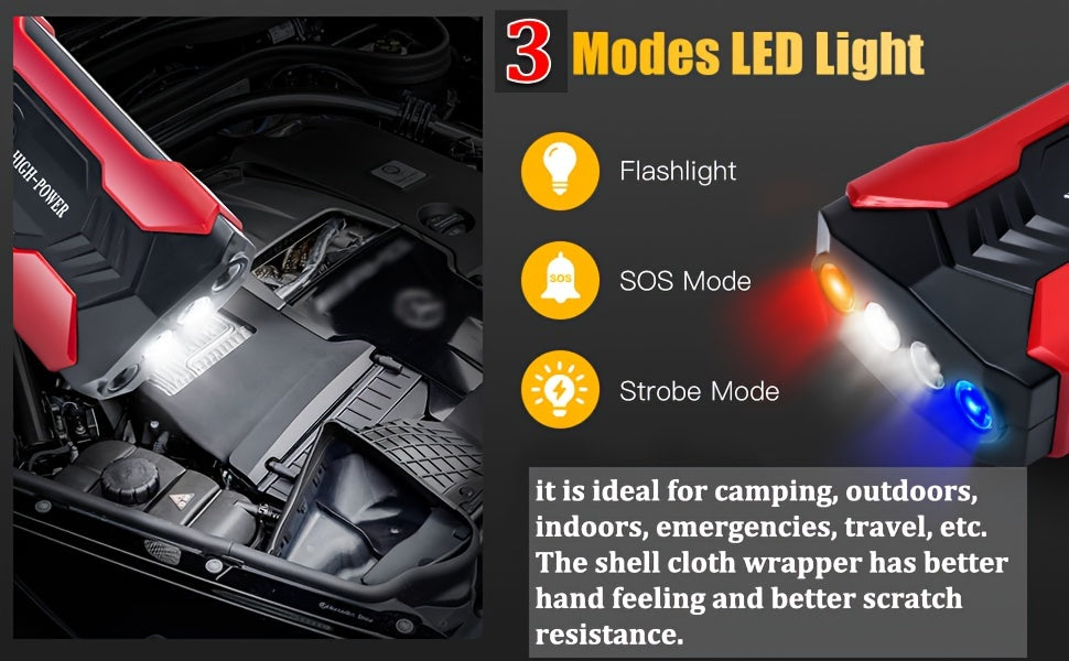 Portable 12V Car Jump Starter - LED Flashlight Emergency Power Battery Booster for Automotive, Motorcycle, Trucks, SUV - Compact, Rechargeable, Multi-Functional, and Safe