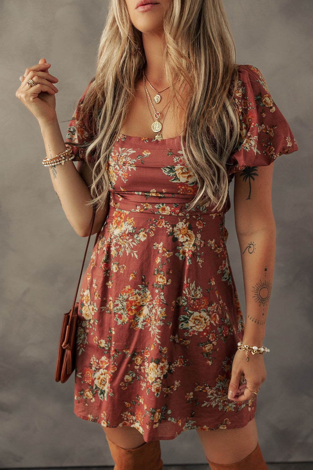 Red Floral Square Neck Dress FB