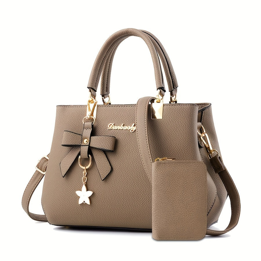 Chic Bow Decor Handbag for Women with Coin Purse, Adjustable Strap,